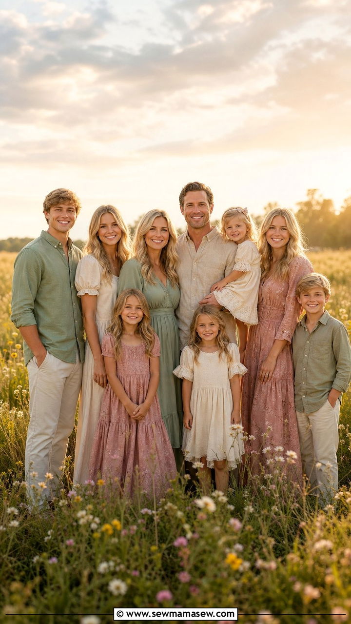 Sage Beige and Dusty Rose Open Field Outfit - 25 Family photo outfits for large families