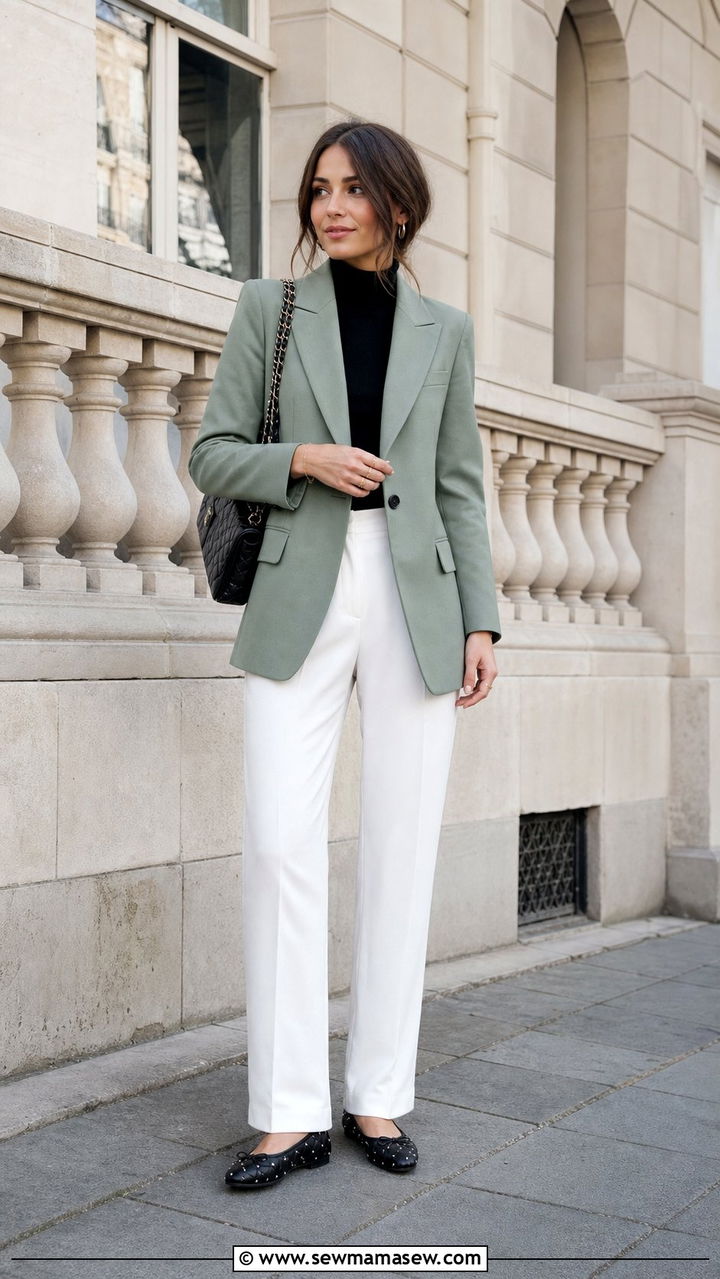 Sage Blazer with Black Turtleneck and White Trousers - 25 classy Paris outfits