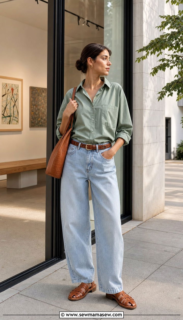 Sage Button Down And Barrel Leg Jeans Spring Outfit - 25 Spring shopping outfits
