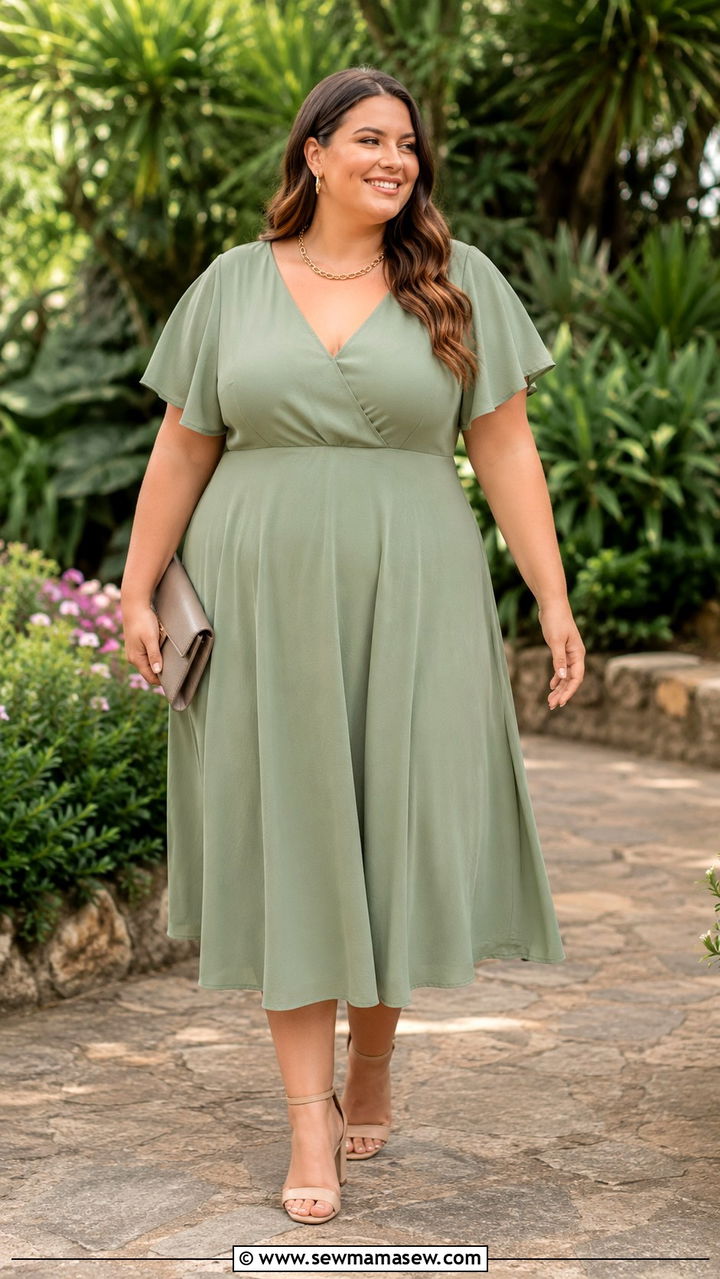 Sage Green A Line Dress with Nude Block Heels - 30 Plus size wedding guest outfits spring