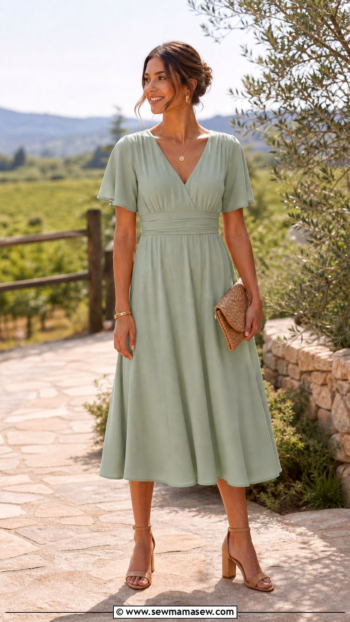 Sage Green A Line Midi Dress Wedding Guest - 40 classy wedding guest outfit ideas