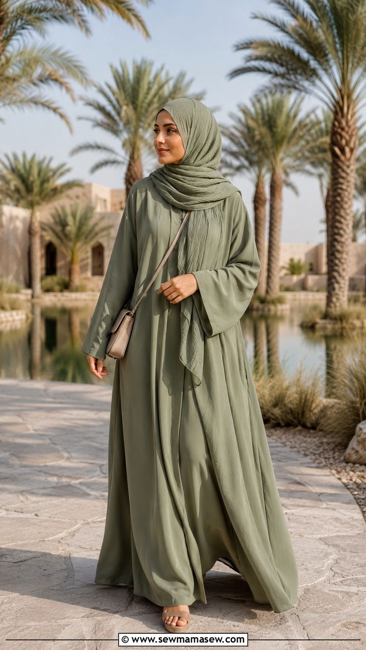 Sage Green Abaya With Crinkle Hijab - 20 Modest outfit ideas for Hajj