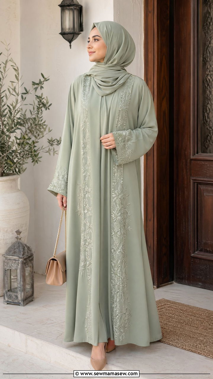 Sage Green Abaya with Matching Hijab and Tan Accessories - 35 Eid outfit ideas for moms