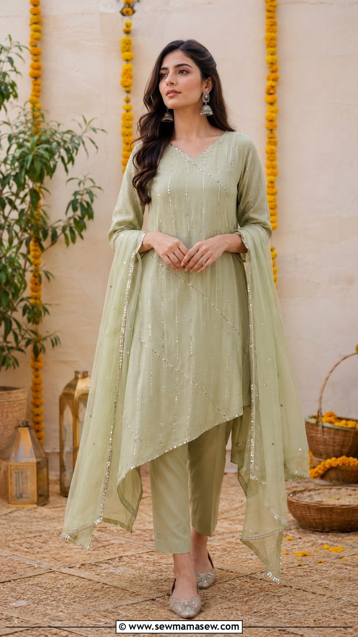 Sage Green Asymmetric Kurta With Cigarette Pants - 30 Mehndi outfit ideas