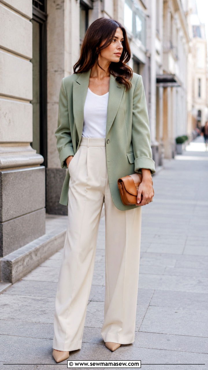 Sage Green Blazer With Cream Trousers - 30 Spring sage outfit ideas