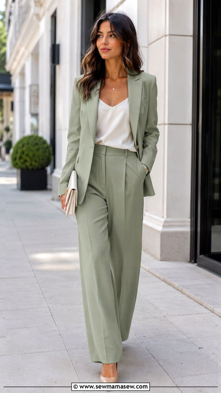 Sage Green Blazer With Matching Wide Leg Trousers - 30 spring sage green outfit ideas