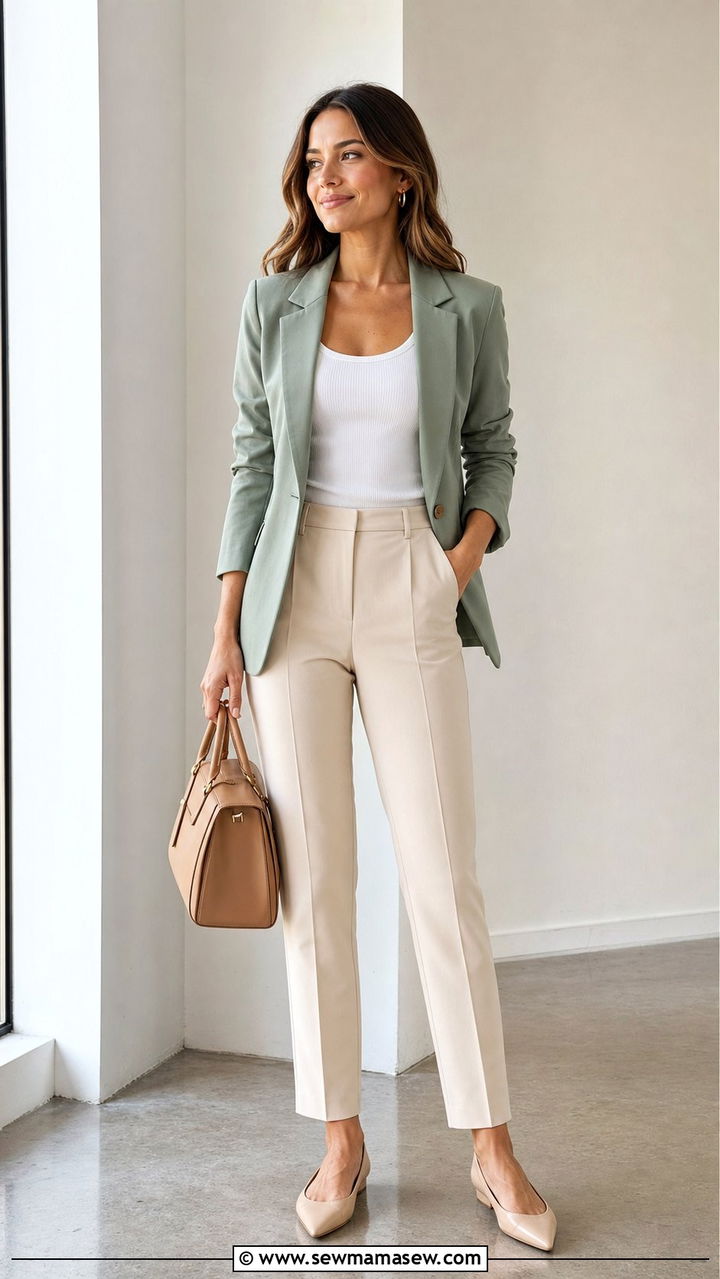 Sage Green Blazer With Neutral Trousers Office Look - 25 Clean girl work outfit ideas
