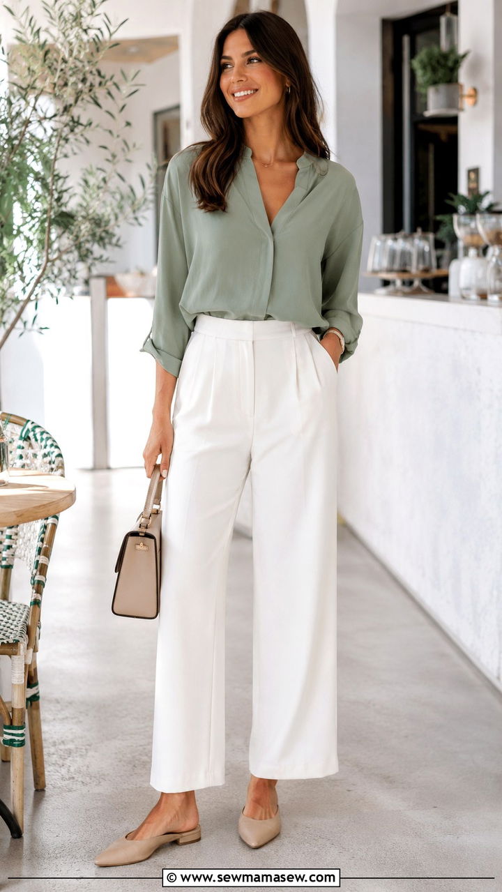 Sage Green Blouse With Wide Leg White Trousers - 30 spring sage green outfit ideas