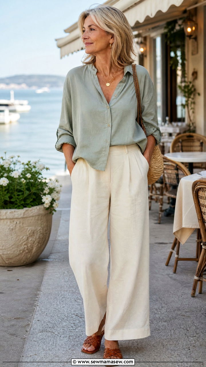 Sage Green Blouse and Cream Wide Leg Pants - 25 classy coastal grandmother outfit ideas