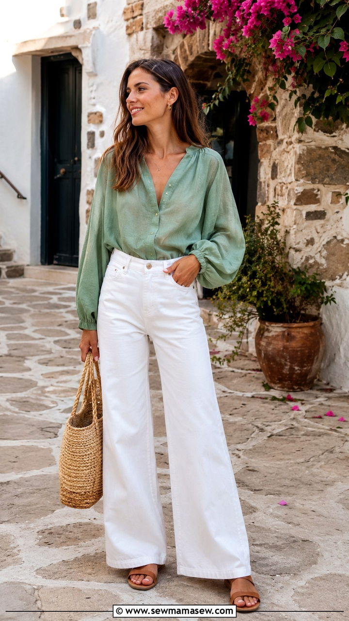Sage Green Blouse with White Wide Leg Jeans - 30 business casual outfits ideas