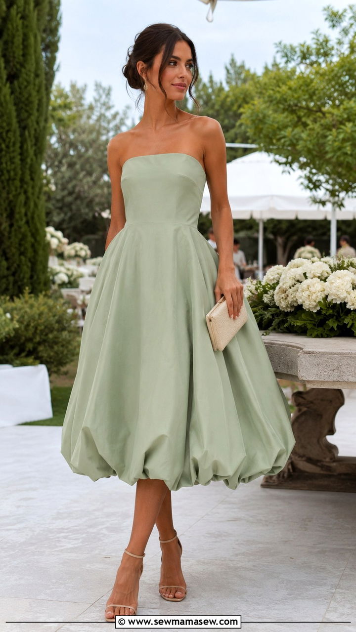 Sage Green Bubble Dress With Heeled Sandals - 25 Mid May outfit ideas