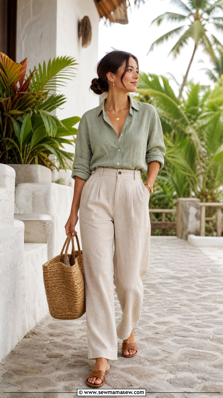 Sage Green Button Down with Beige Linen Trousers and Sandals - 30 Clean girl outfits for petite women