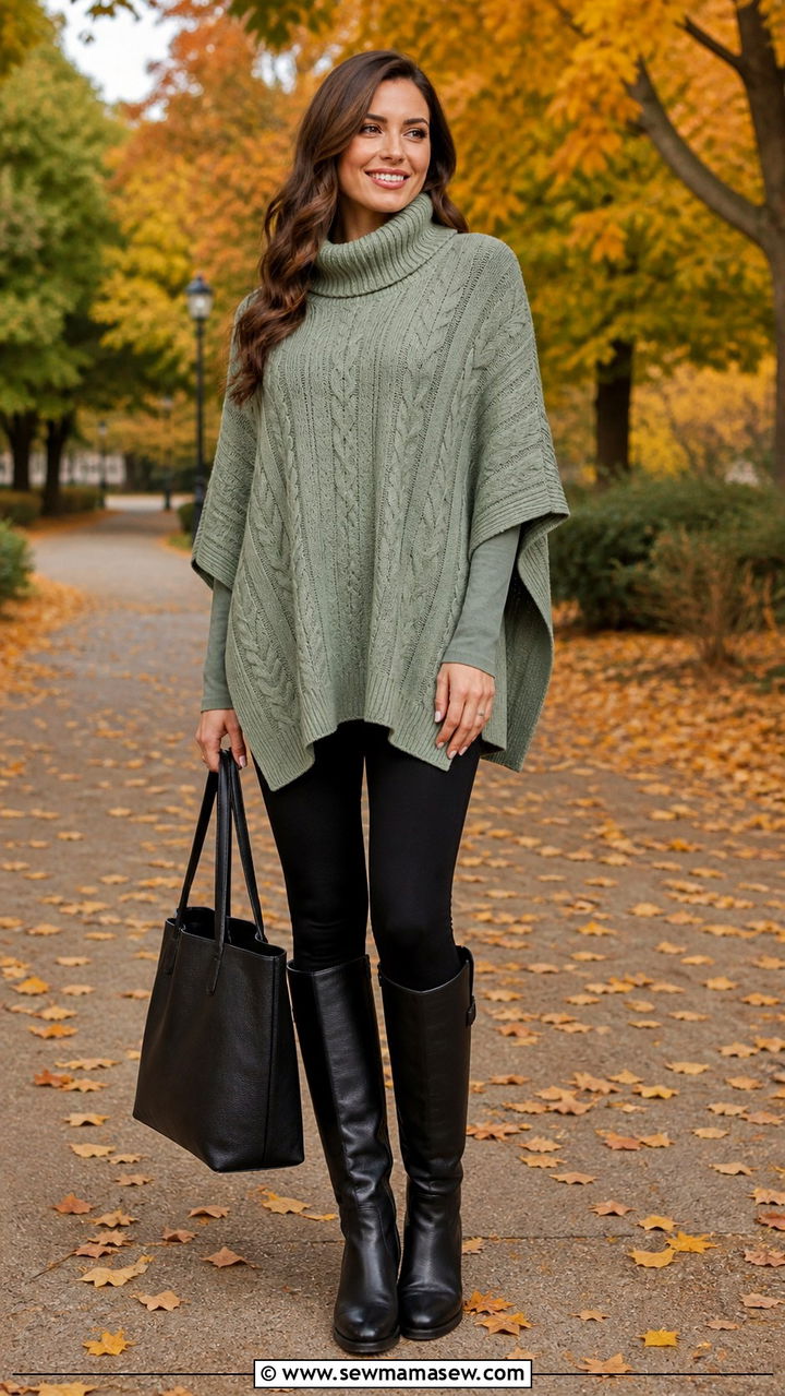 Sage Green Cable Knit Poncho With Leggings - 40 Sage green outfit ideas