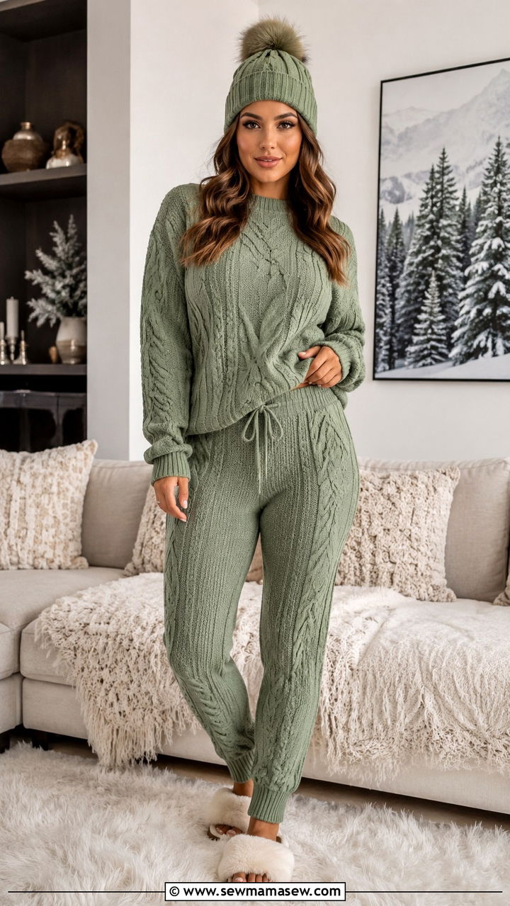 Sage Green Cable Knit Sweater And Joggers Outfit - 20 Sage loungewear set outfit ideas