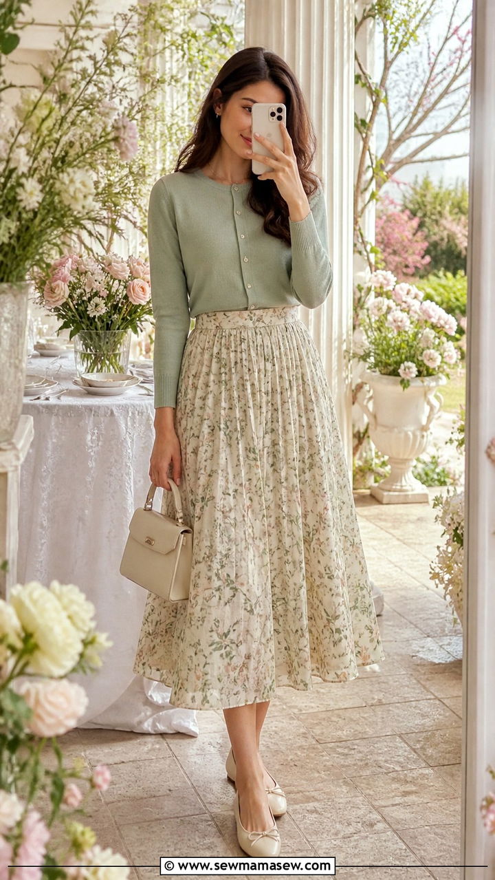 Sage Green Cardigan And Floral Midi Skirt - 40 Sage green outfit ideas