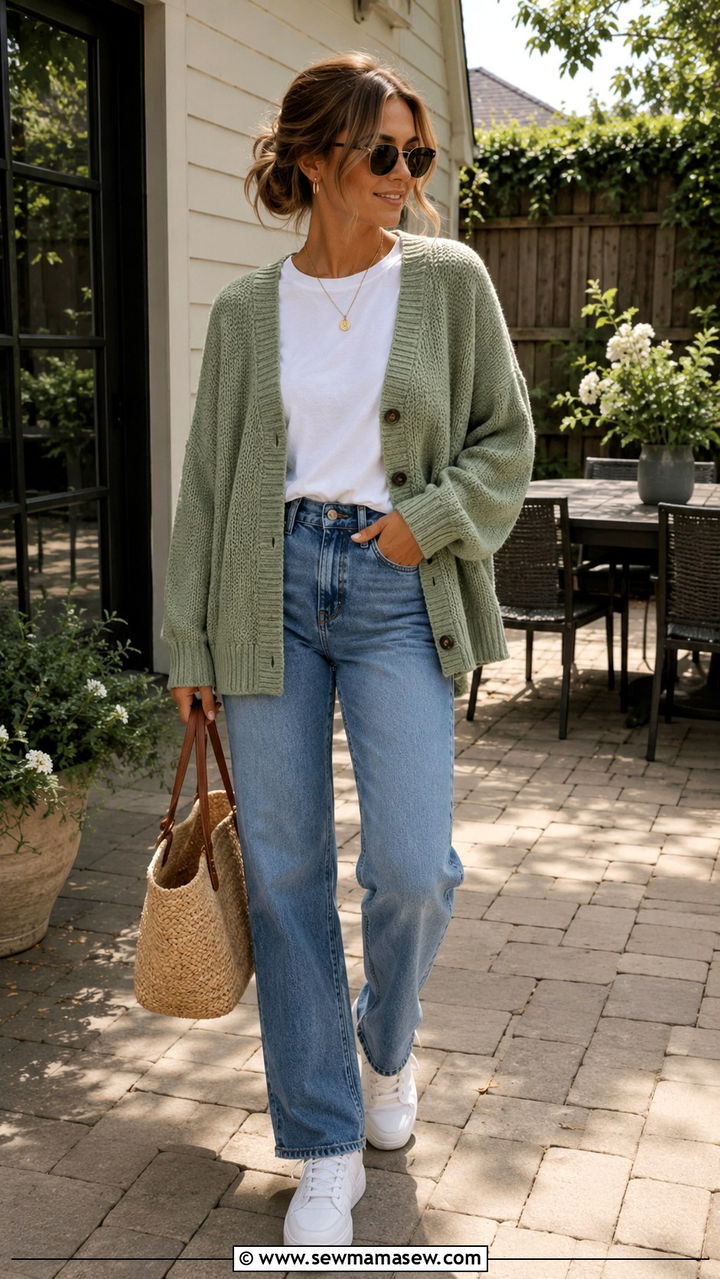 Sage Green Cardigan Over A White Tee And Classic Jeans - 30 spring sage green outfit ideas