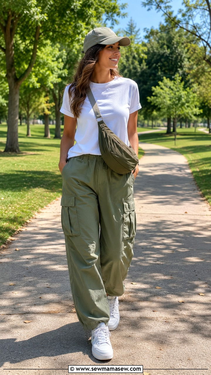 Sage Green Cargo Pants With A White Tee And White Sneakers - 30 spring sage green outfit ideas