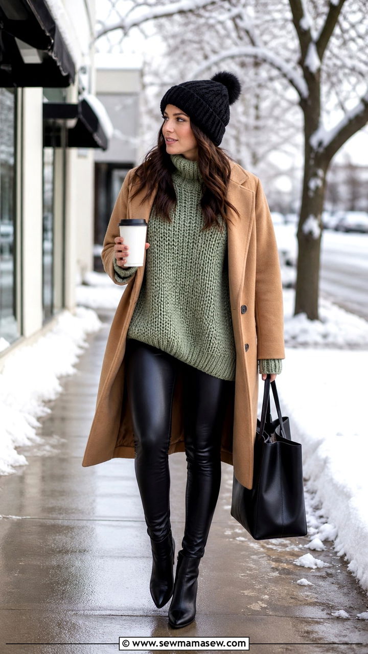 Sage Green Chunky Knit Sweater And Leather Leggings - 40 Sage green outfit ideas