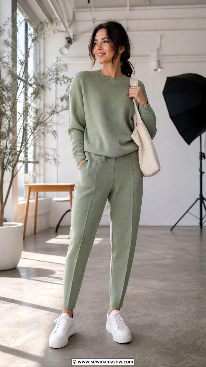 Sage Green Co Ord Knit Set With White Sneakers - 30 Marketer outfit ideas