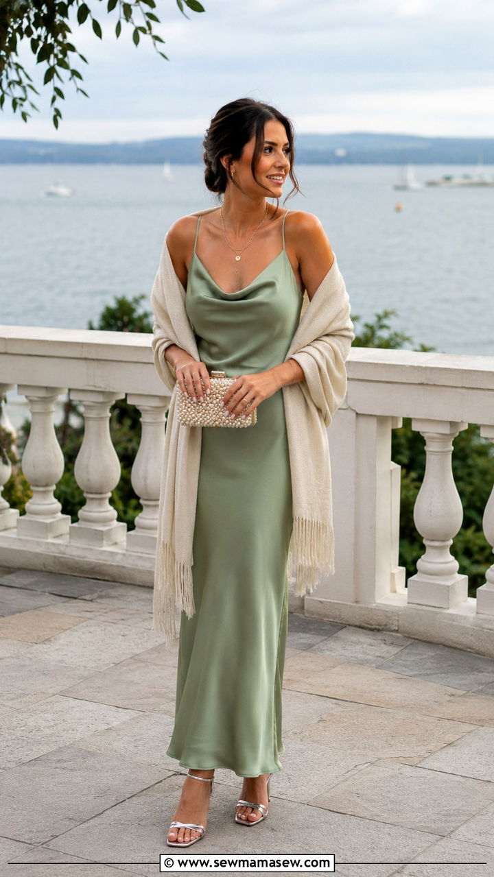 Sage Green Cowl Neck Slip Dress With Shawl - 30 transitional wedding guest outfit ideas