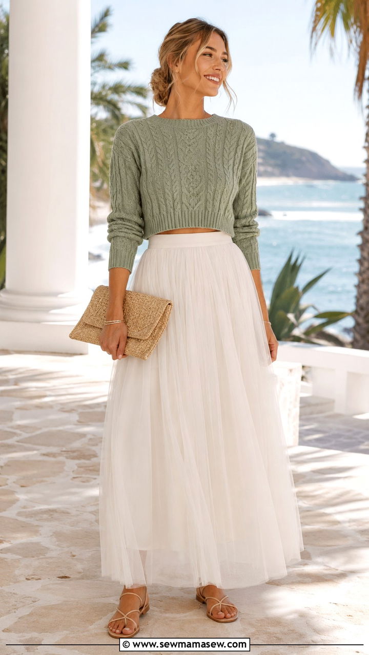 Sage Green Cropped Cable Knit Sweater With Ivory Tulle Maxi Skirt - 20 Tulle skirt outfit ideas with a sweater