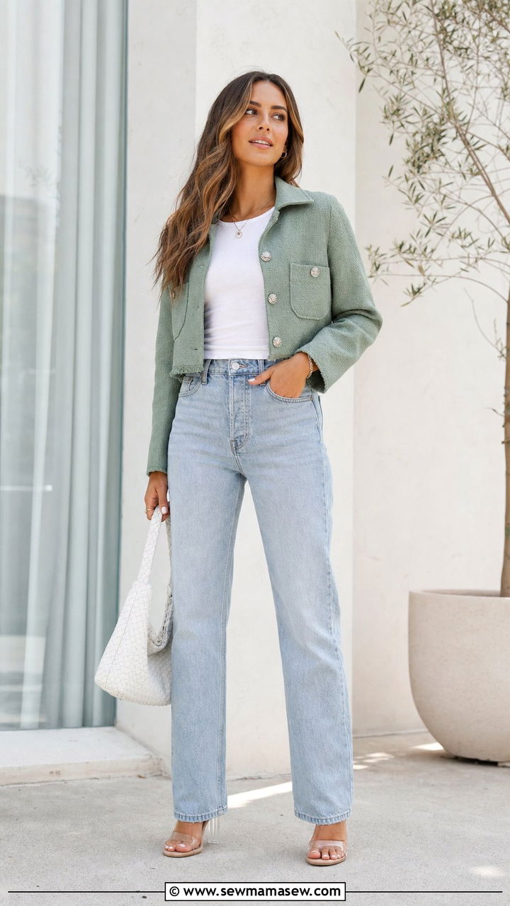 Sage Green Cropped Jacket with Light Wash Jeans Outfit - 25 spring outfits 2026 women for women