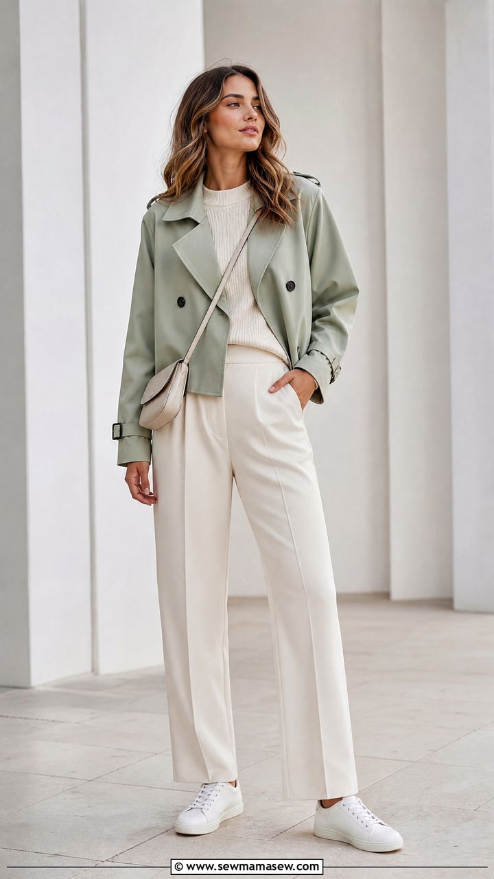 Sage Green Cropped Trench With Ecru Separates And Minimal Sneakers - 30 cropped trench coat outfit ideas for women