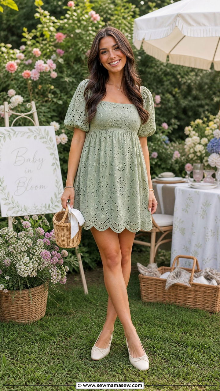 Sage Green Eyelet Mini Dress With Ballet Flats - 30 summer sage green outfit ideas