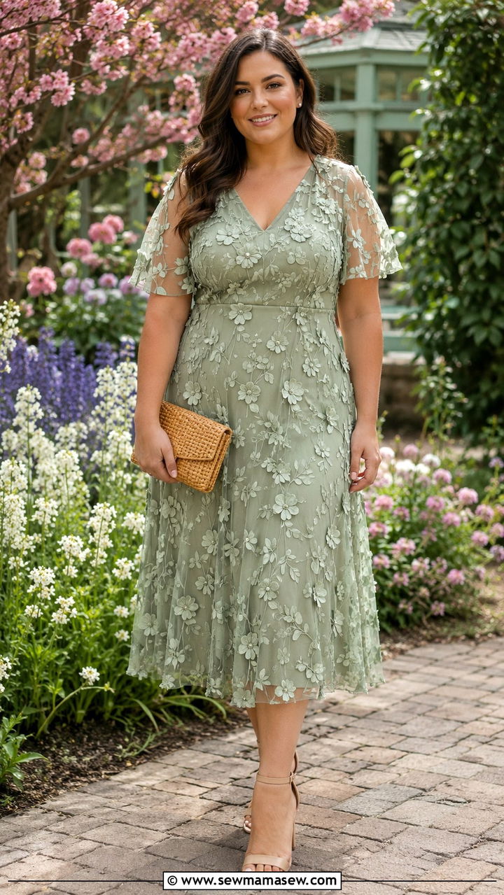 Sage Green Floral Applique Midi Dress - 25 Wedding guest outfit ideas size 14