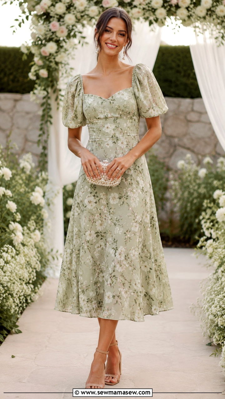 Sage Green Floral Midi Dress For A Wedding Guest - 30 Spring sage outfit ideas