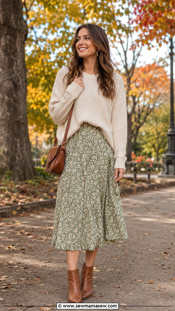 Sage Green Floral Midi Skirt With Cream Sweater - 25 Western outfit ideas Taylor Swift country era