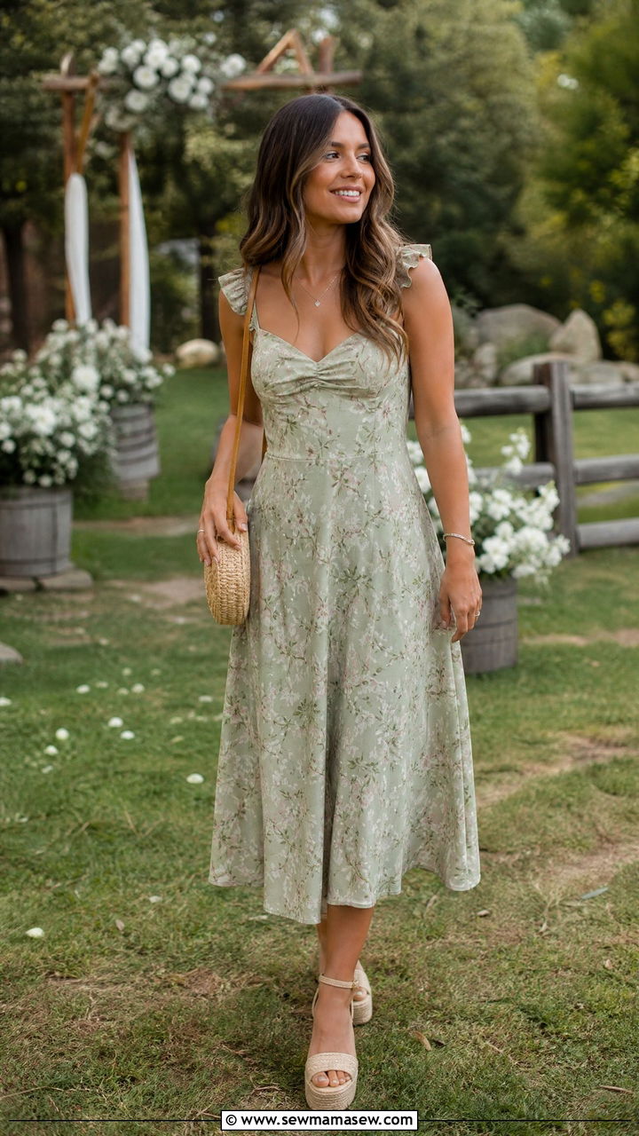 Sage Green Floral Print Dress With Woven Wedges - 35 Green dress outfit ideas for wedding guest