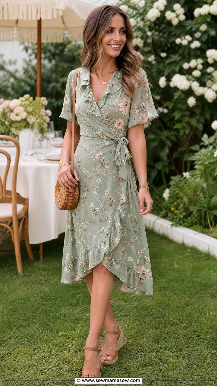 Sage Green Floral Print Wrap Dress With Cork Wedge Sandals - 30 summer sage green outfit ideas