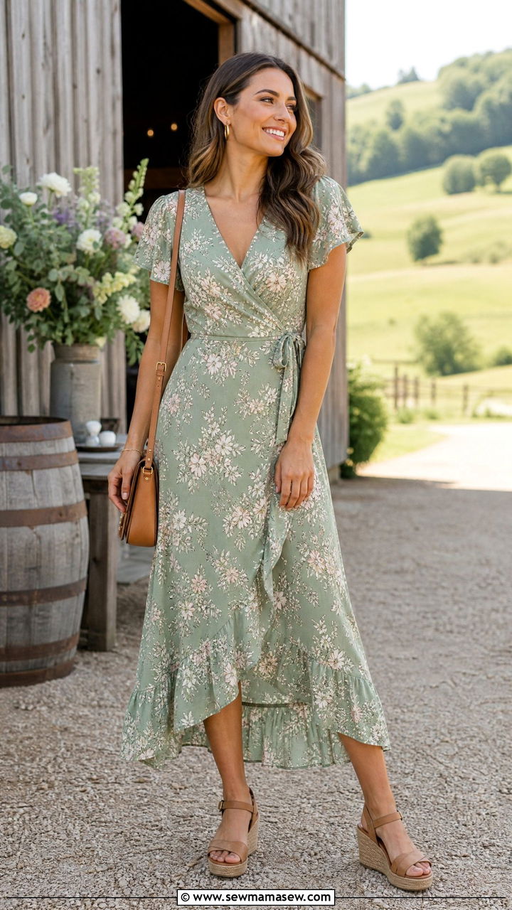Sage Green Floral Wrap Dress With Tan Wedges - 35 Green dress outfit ideas for wedding guest