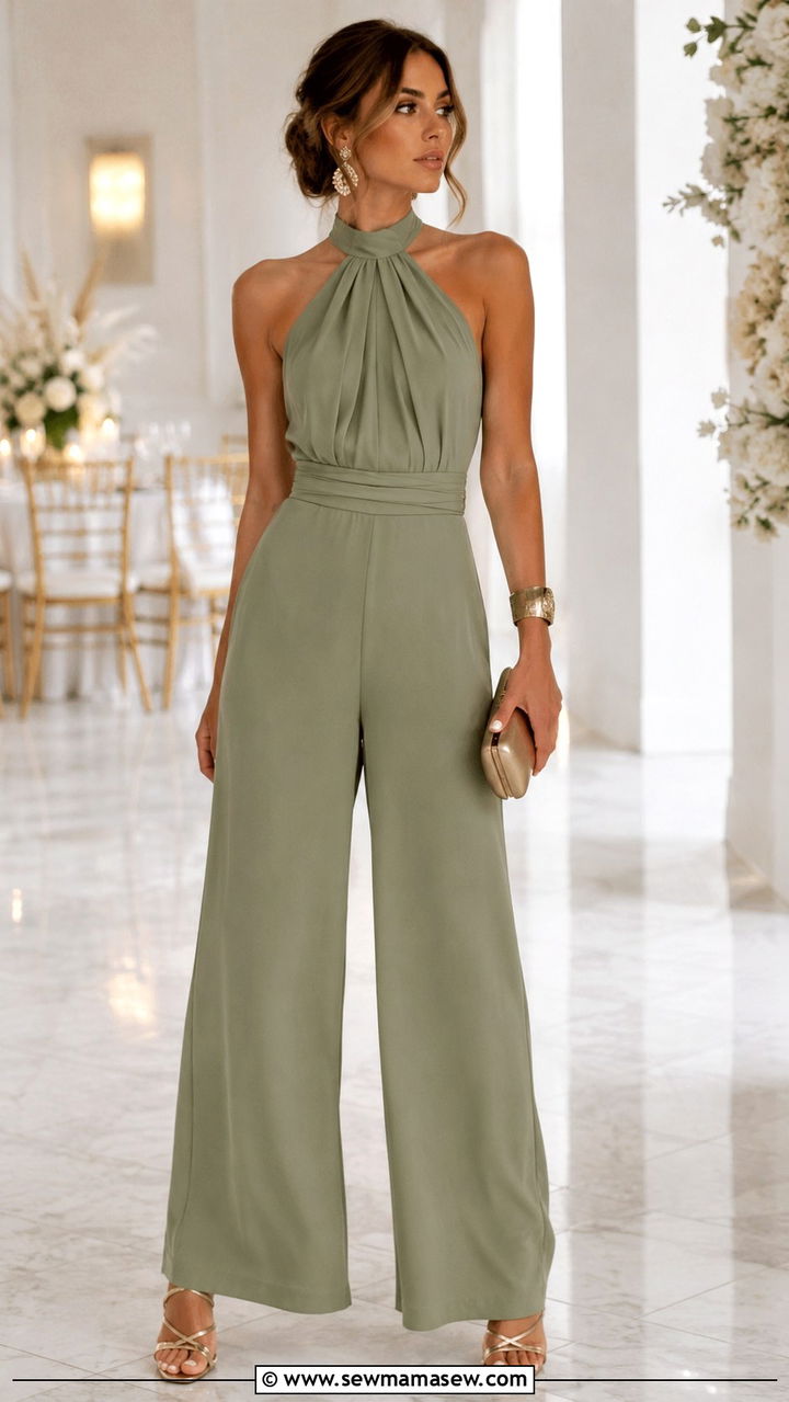 Sage Green Halter Neck Jumpsuit - 30 Spring sage outfit ideas