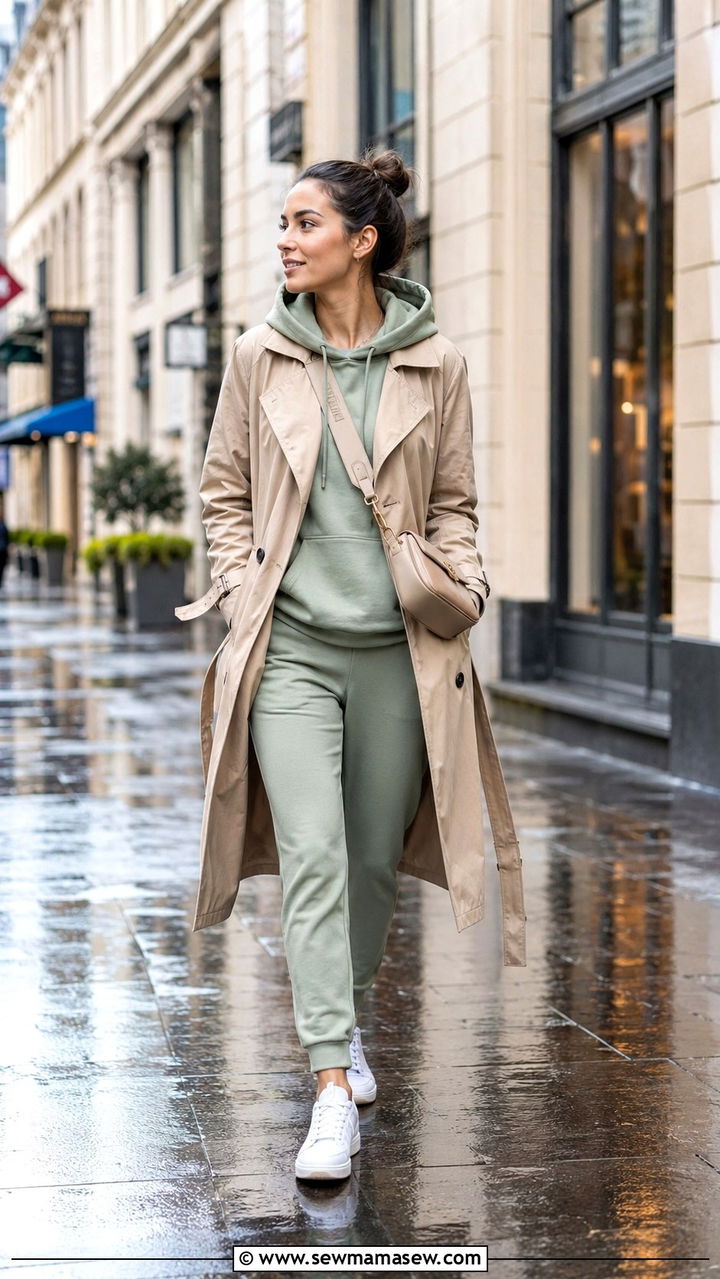 Sage Green Hoodie And Sweatpants With Trench Coat - 20 Sage loungewear set outfit ideas