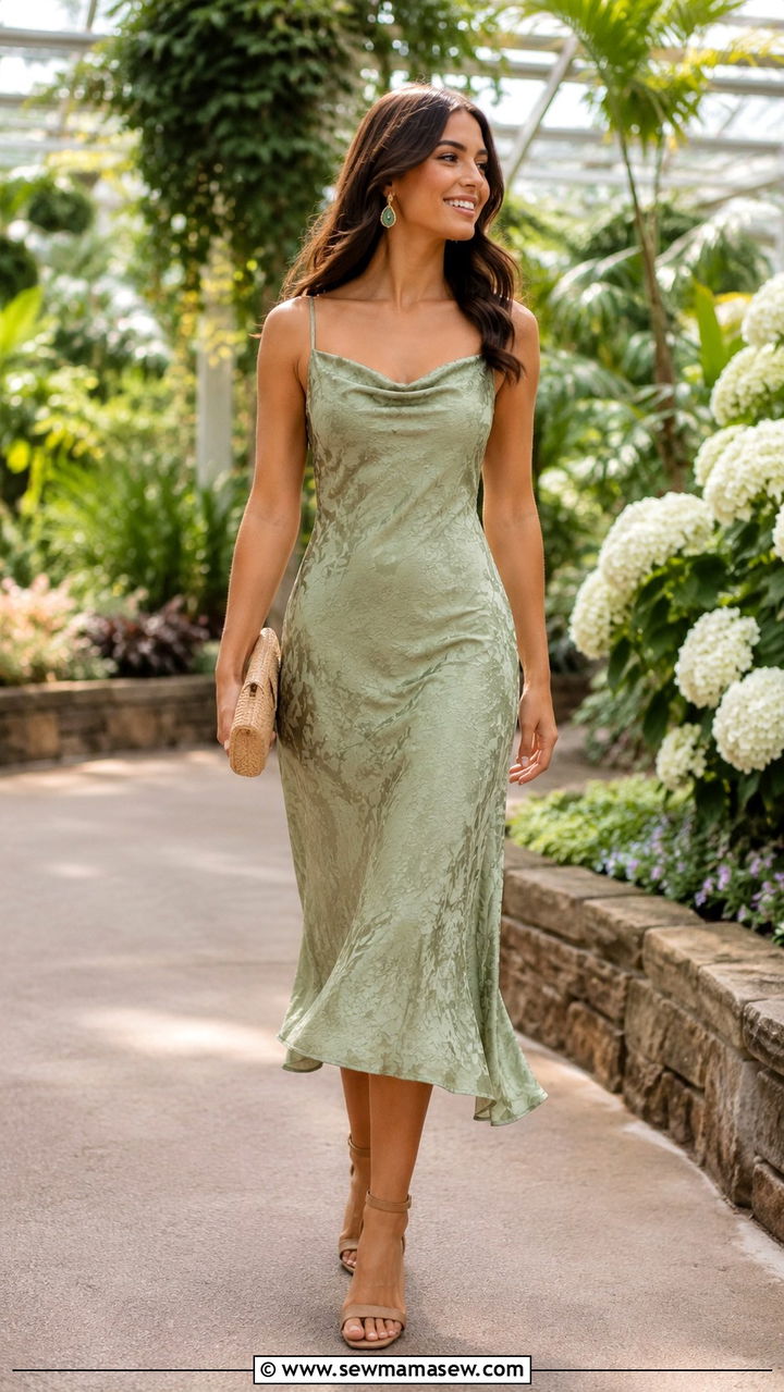 Sage Green Jacquard Midi Dress Garden Wedding Guest - 25 Wedding guest outfit ideas jacquard dress