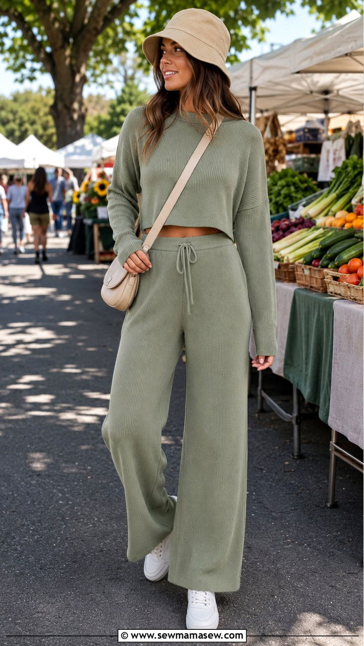 Sage Green Knit Lounge Set With White Sneakers - 20 Sage loungewear set outfit ideas