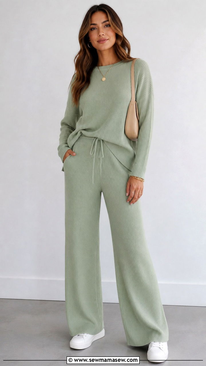 Sage Green Knit Set With White Sneakers - 40 Chic spring outfit ideas 2026
