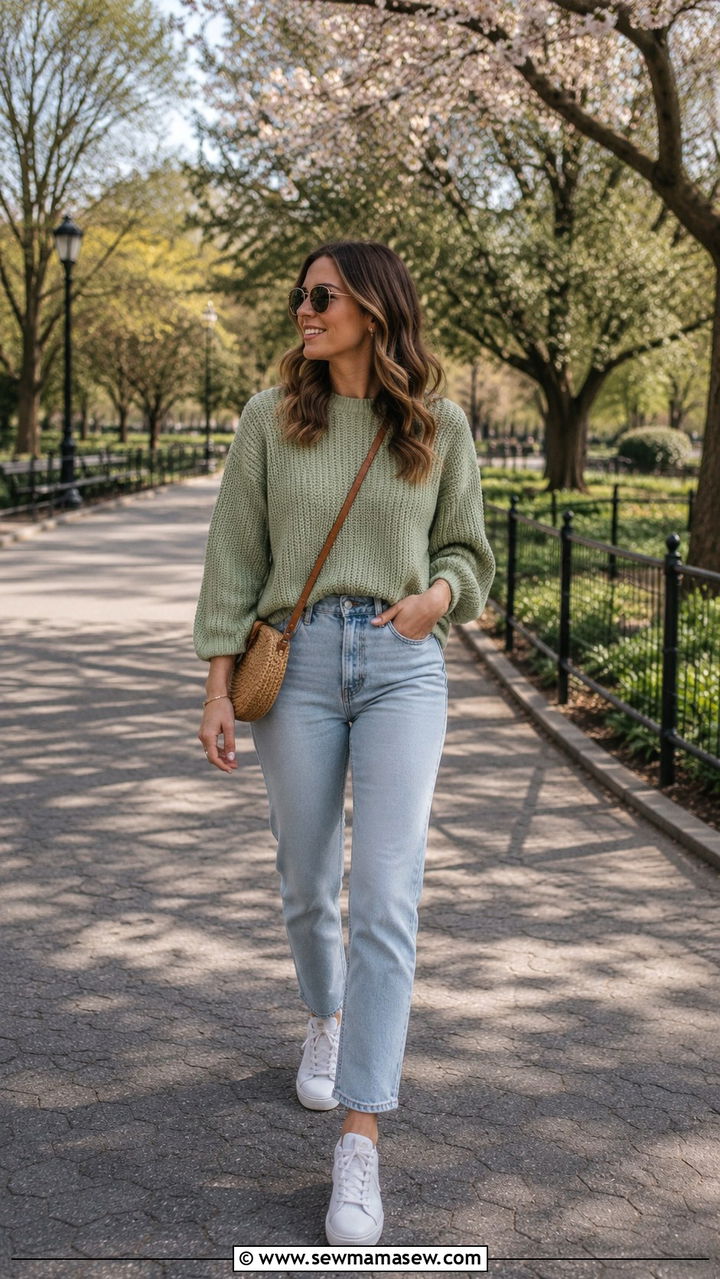 Sage Green Knit Sweater With Light Wash Jeans - 30 Spring sage outfit ideas