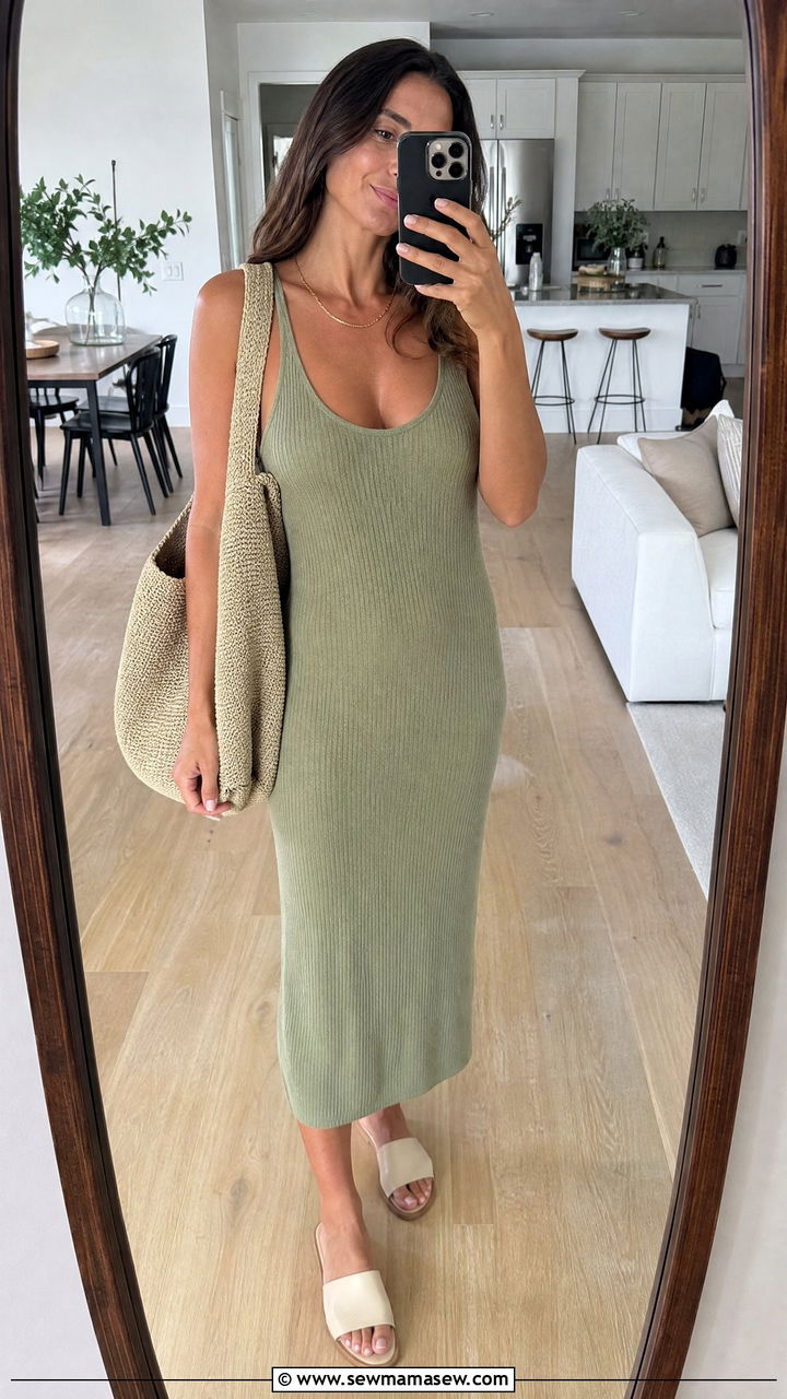 Sage Green Knit Tank Midi Dress With Slide Sandals - 30 summer sage green outfit ideas