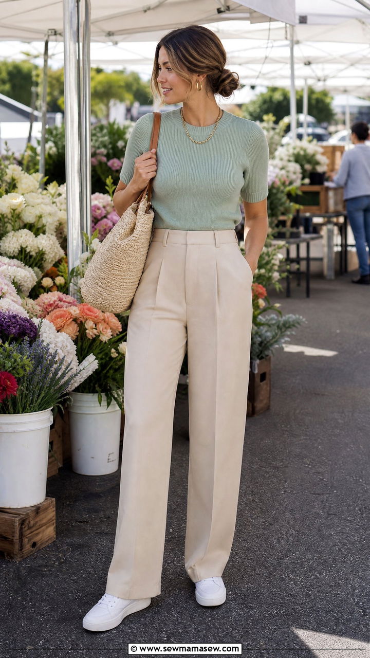 Sage Green Knit Top with Beige Trousers - 30 clean girl outfits aesthetic