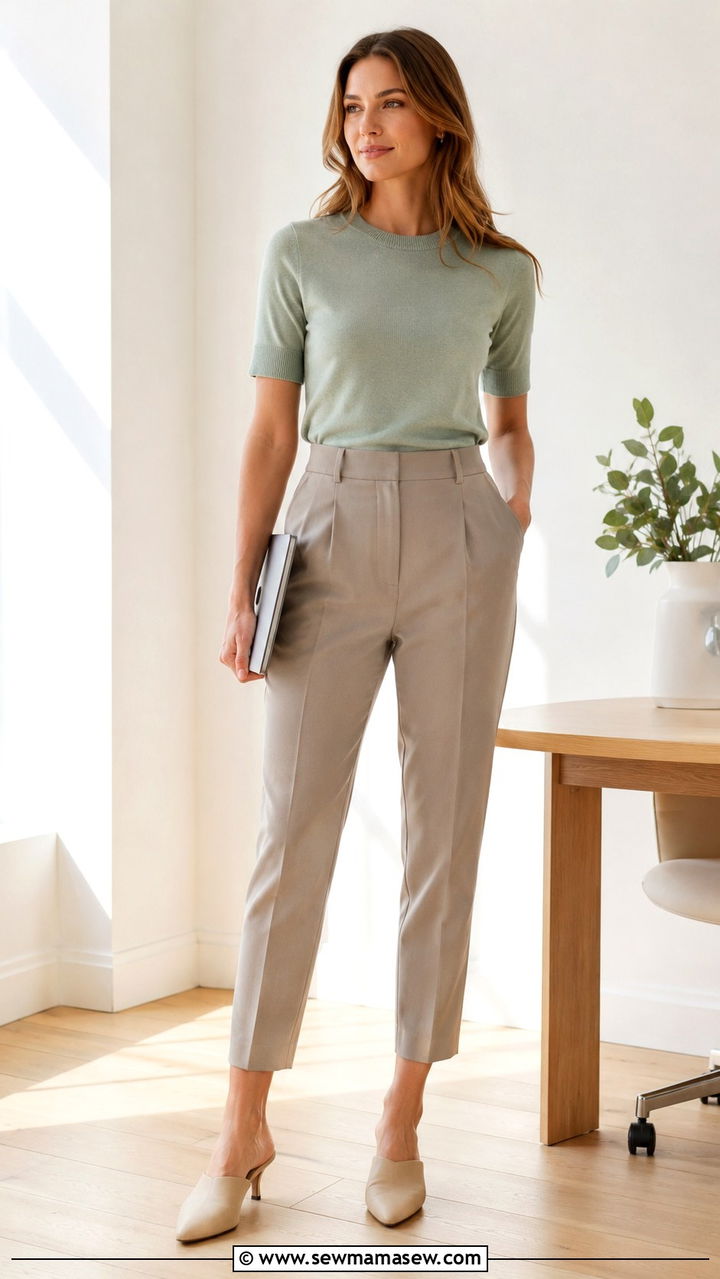 Sage Green Knit Top with Taupe Tapered Trousers and Mules - 30 Green outfit ideas for work