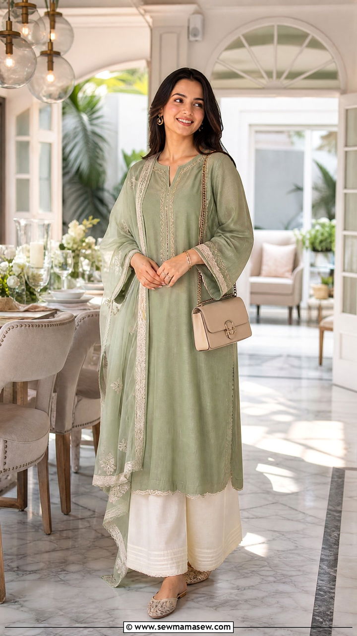 Sage Green Kurta Set With Palazzo Pants - 40 Eid outfit ideas for women