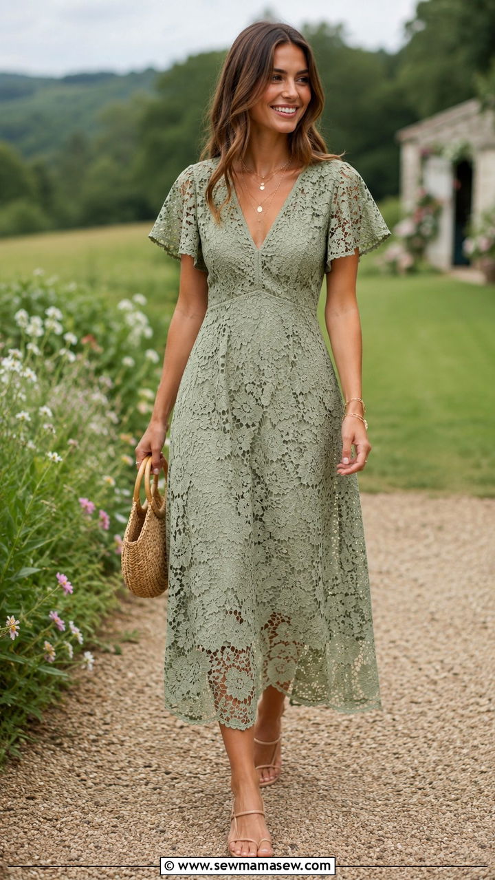 Sage Green Lace Dress With Nude Sandals - 20 Wedding guest outfit ideas lace dress 2026