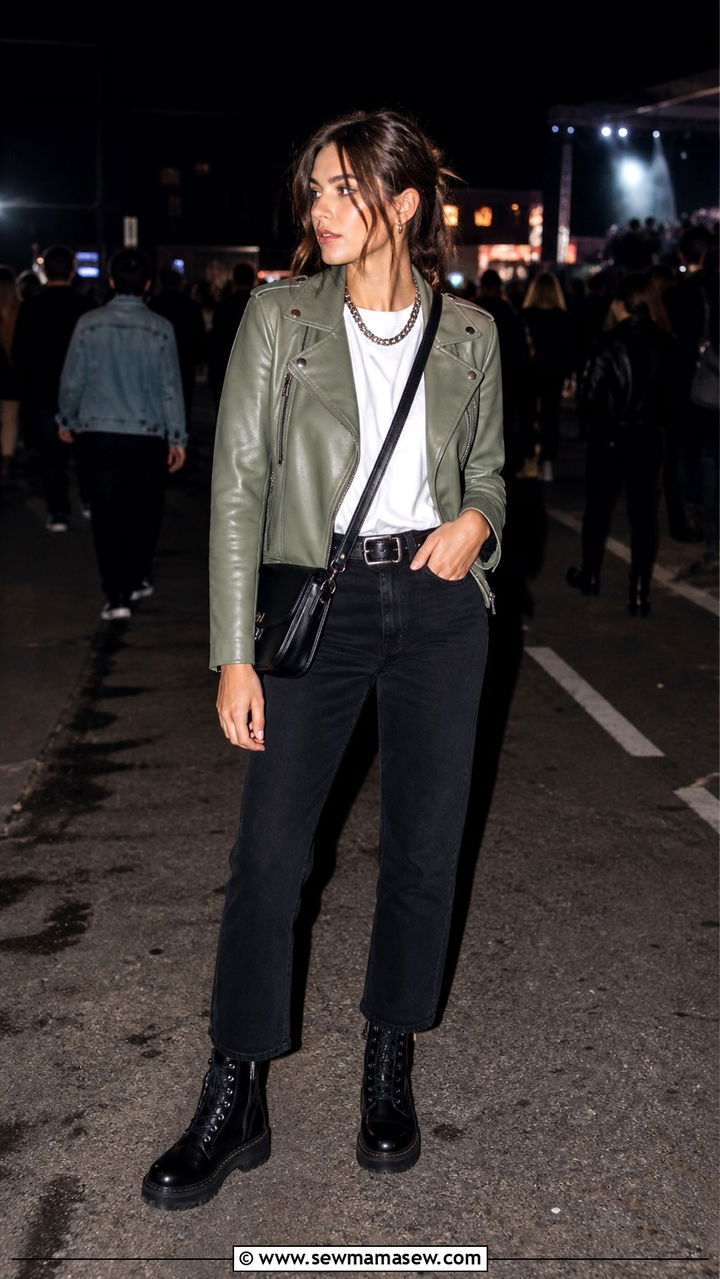 Sage Green Leather Jacket With Black Jeans - 40 Sage green outfit ideas