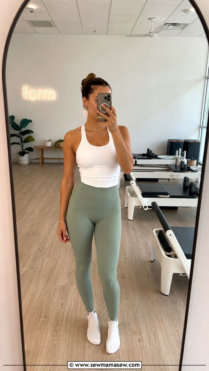 Sage Green Leggings with White Tank Pilates Look - 30 Pilates outfit ideas 2026