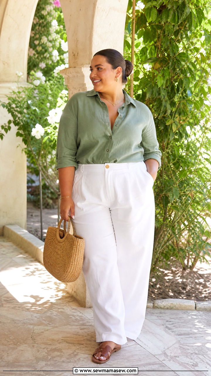 Sage Green Linen Button Up With White Trousers and Brown Sandals - 25 Plus size outfit ideas clean girl