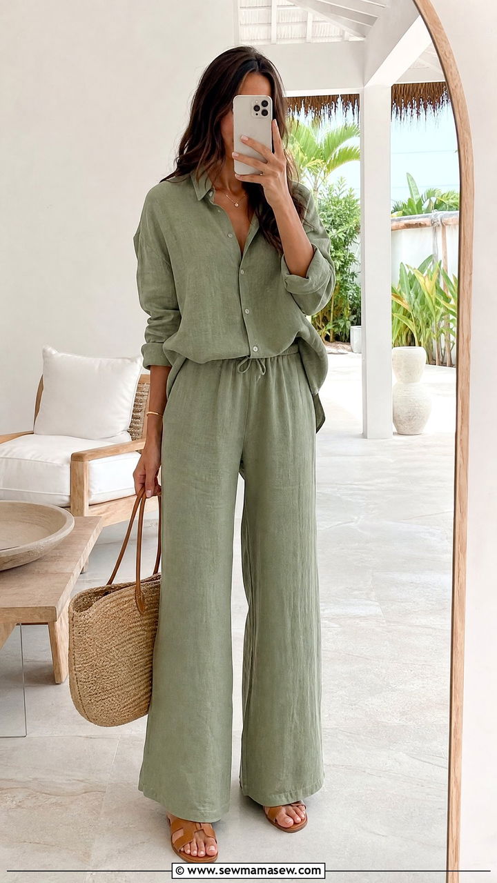 Sage Green Linen Co Ord Set With Flat Sandals - 25 Sage girl outfit ideas