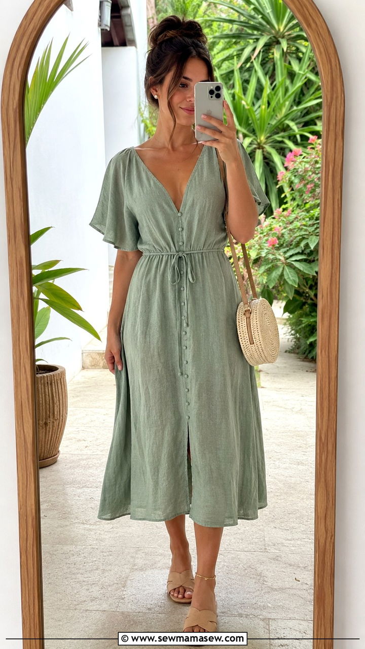 Sage Green Linen Dress with Nude Sandals - 30 Linen dress outfit ideas summer